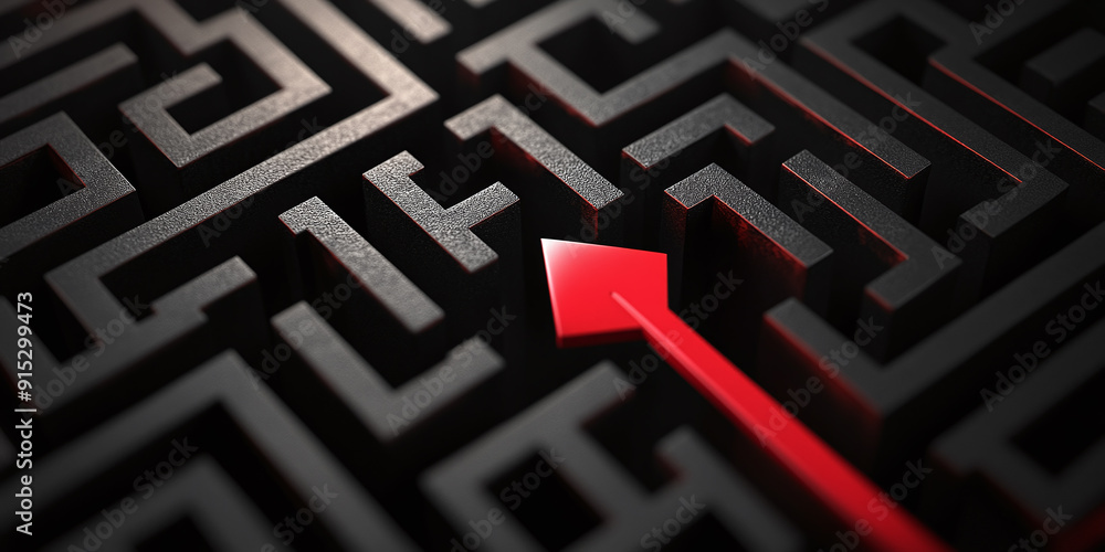 The red arrow passing through a complex black labyrinth symbolizes overcoming obstacles and finding solutions. The red arrow passing through a complex black labyrinth symbolizes overcoming obstacles and finding solutions.