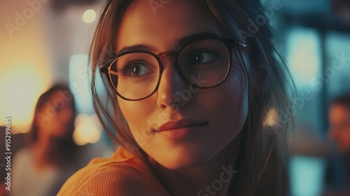 A portrait of a woman wearing glasses and looking straight at the camera