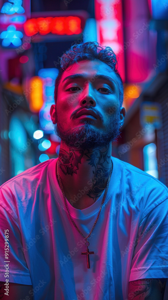 Pensive man with neon lights in background Pensive man with neon lights in background