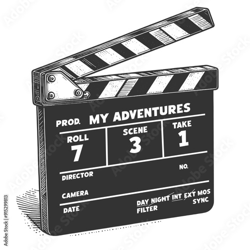 film clapperboard labeled My Adventures, indicating production details sketch engraving generative ai vector illustration. Scratch board imitation. Black and white image.