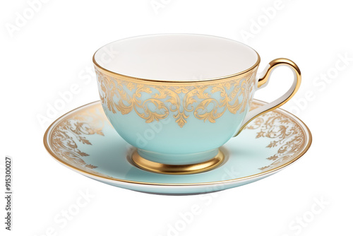 Elegantly Crafted Teacup and Saucer Set Displayed on a Fine Tablecloth in Gentle Morning Light on Transparent PNG Background.