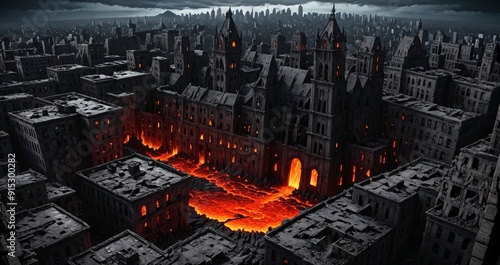 lava magma river flowing through destroyed city buildings in dark molten brimstone aerial bird's eye view hellscape. post apocalyptic hell town ruins.