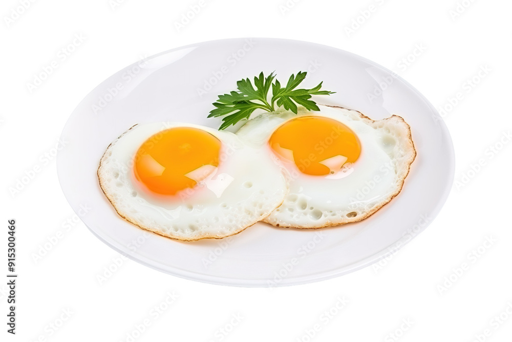 Delightful Breakfast Featuring Two Perfectly Cooked Eggs With Fresh Parsley Garnish on a White Plate on Transparent PNG Background. Delightful Breakfast Featuring Two Perfectly Cooked Eggs With Fresh Parsley Garnish on a White Plate on Transparent PNG Background.