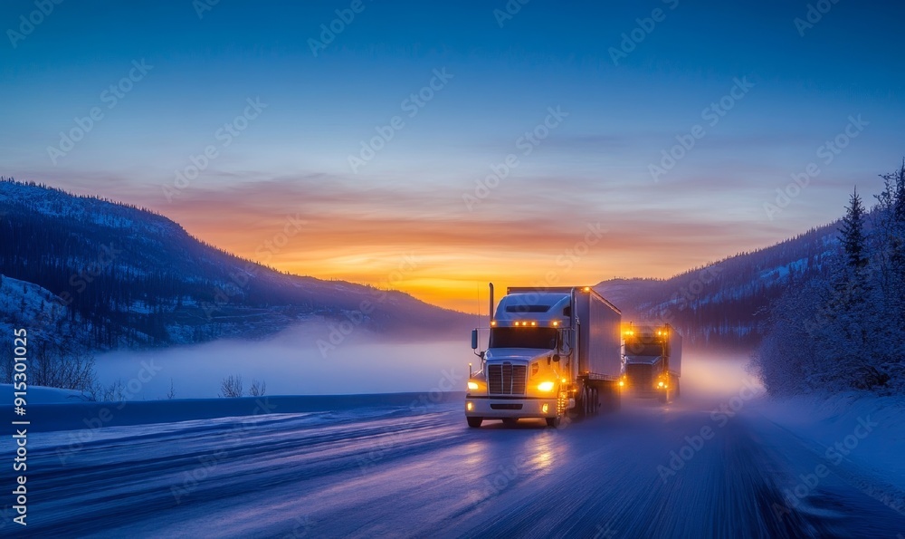 Semi-Trucks on a Snowy Road at Dawn Semi-Trucks on a Snowy Road at Dawn