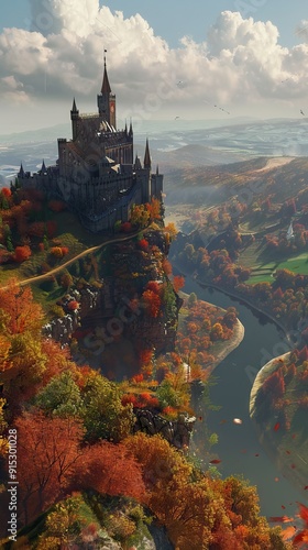 Majestic Castle Overlooking Autumn Valley with Riverbend. AI generated illustration