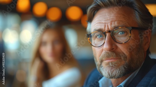 A thoughtful man with glasses seated in a cafe during a lively evening gathering with a woman in the background