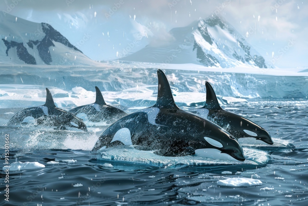 Orcas swimming icy waters Antarctica Orcas swimming icy waters Antarctica