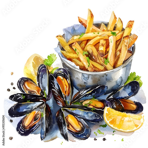 Moules Frites : Mussels served with French fries, Studio lighting, full body, isolate on white background, watercolor illustration.