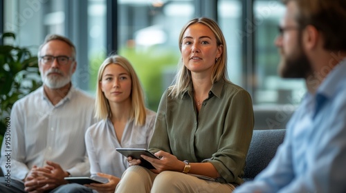 A woman with dark hair in an olive green blouse and beige trousers is leading a team meeting in a modern office. Her colleagues, including a man with glasses in a white shirt, a man with a beard