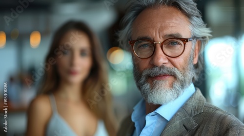 A distinguished man poses with a confident smile alongside a woman in an upscale coffee shop setting in the afternoon