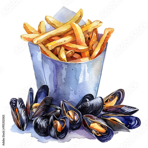 Moules Frites : Mussels served with French fries, Studio lighting, full body, isolate on white background, watercolor illustration.
