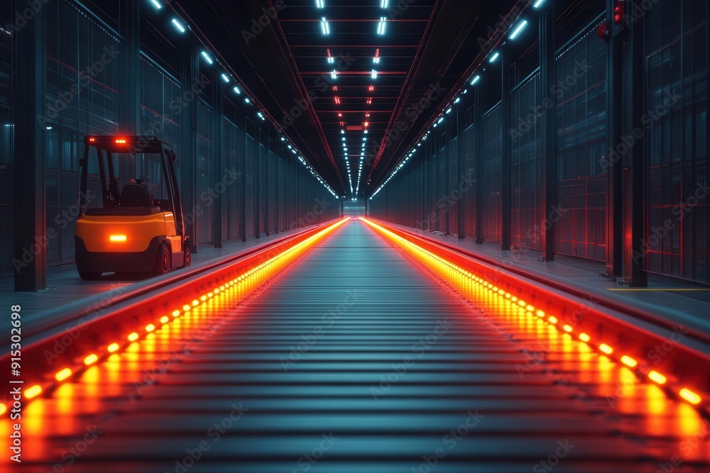 hightech automated warehouse interior autonomous forklifts conveyor belts robotic sorting systems futuristic lighting hightech automated warehouse interior autonomous forklifts conveyor belts robotic sorting systems futuristic lighting