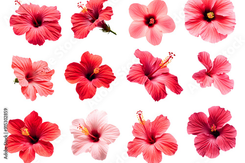 Collection of hibiscus flowers isolated on a white background