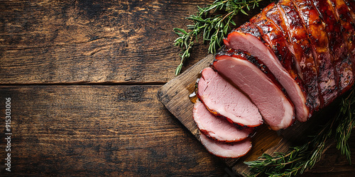 Sliced ​​honey smoked ham on wooden table with empty space photo