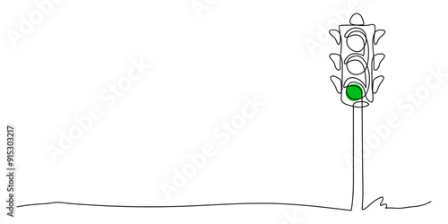 Solid drawing of a single line of a traffic light with poles to control the movement of vehicles at road intersections with a green light. One line draw design vector graphic illustration.