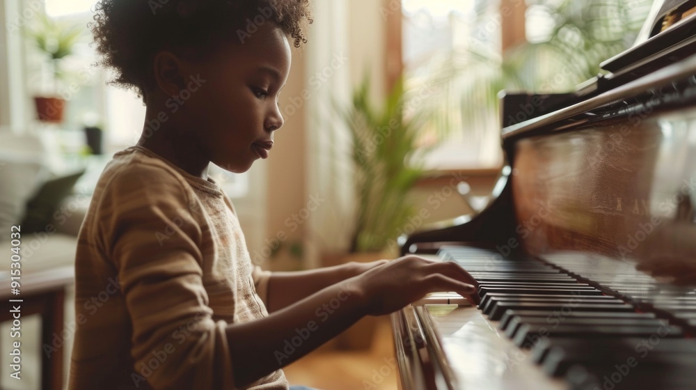 A young girl is playing the piano in a living room A young girl is playing the piano in a living room