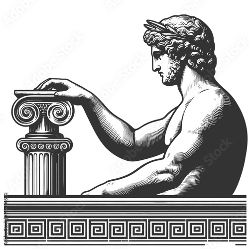 Greek god statue, resting a hand on Ionic column, classical architecture and mythology sketch engraving generative ai vector illustration. Scratch board imitation. Black and white image.