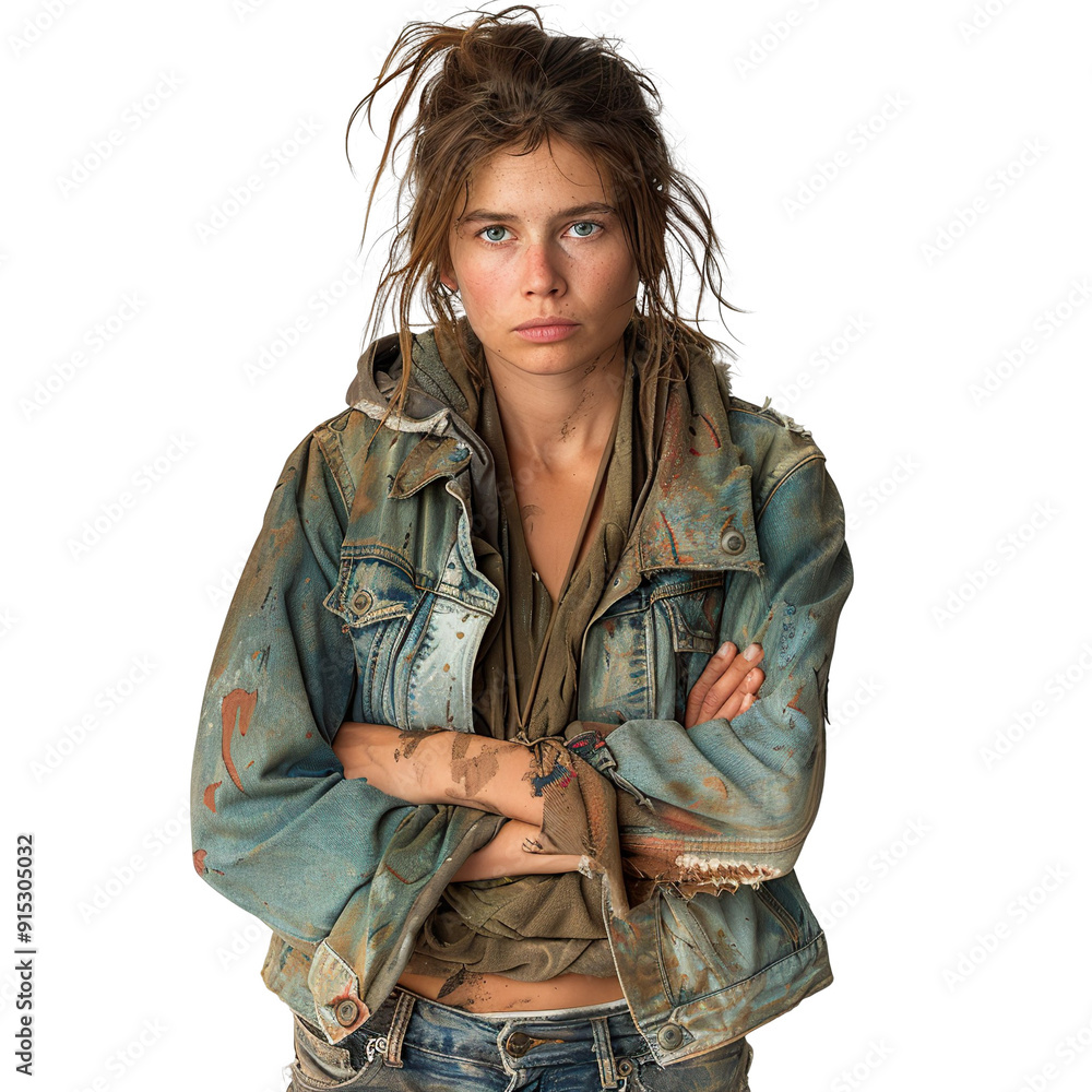 Front view mid body shot of a extremely ugly homeless Caucasian woman in dirty and torn jacket & jeans looking very sad, isolated on a white transparent background Front view mid body shot of a extremely ugly homeless Caucasian woman in dirty and torn jacket & jeans looking very sad, isolated on a white transparent background