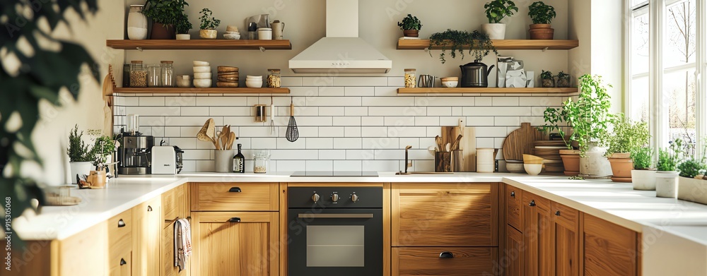 A Scandinavian kitchen with light wood cabinets A Scandinavian kitchen with light wood cabinets