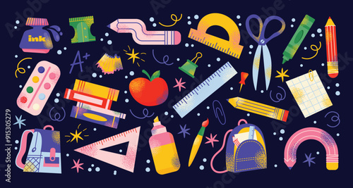Set of school supplies and education colorful stickers. Back to school kids education concept. Backpack, book, paints, ruler, pencil, brushes. Vector illustration isolated on background