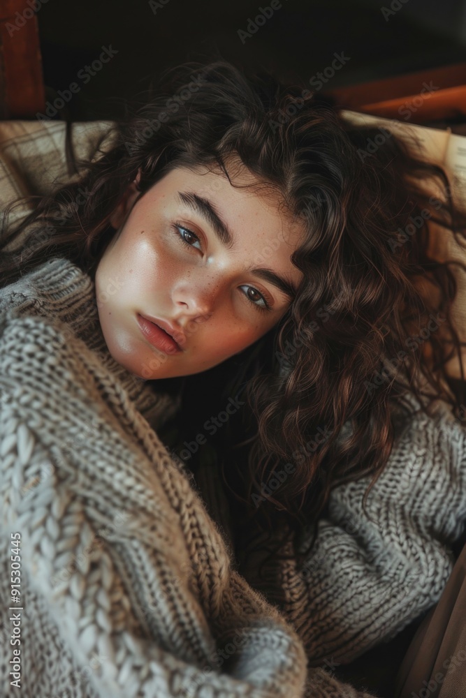 A woman is lying on top of a bed, wrapped in a blanket A woman is lying on top of a bed, wrapped in a blanket