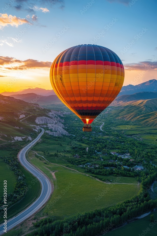 Obraz premium Hot Air Balloon Soaring Over Lush Green Valley at Sunset