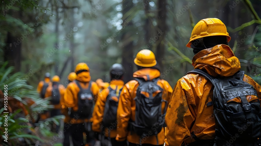 A group of people wearing yellow jackets