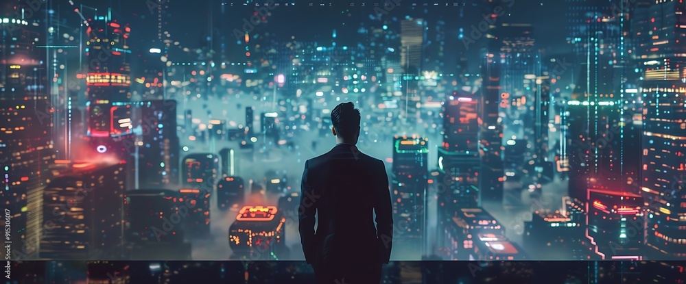 A Man Gazing at the Futuristic Cityscape A Man Gazing at the Futuristic Cityscape