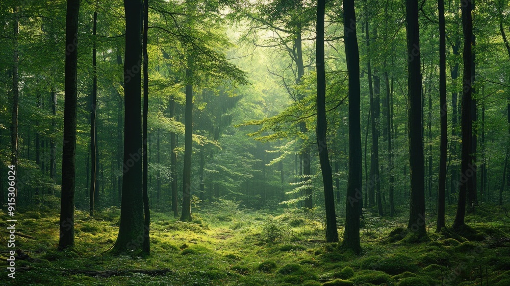 Fototapeta premium A peaceful forest with a canopy of trees, symbolizing the tranquility of natural habitats.