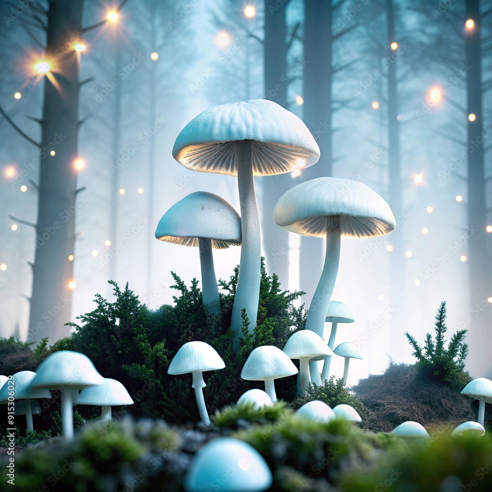 Fototapeta premium Bioluminescent forest scene. Glowing mushrooms, fireflies.