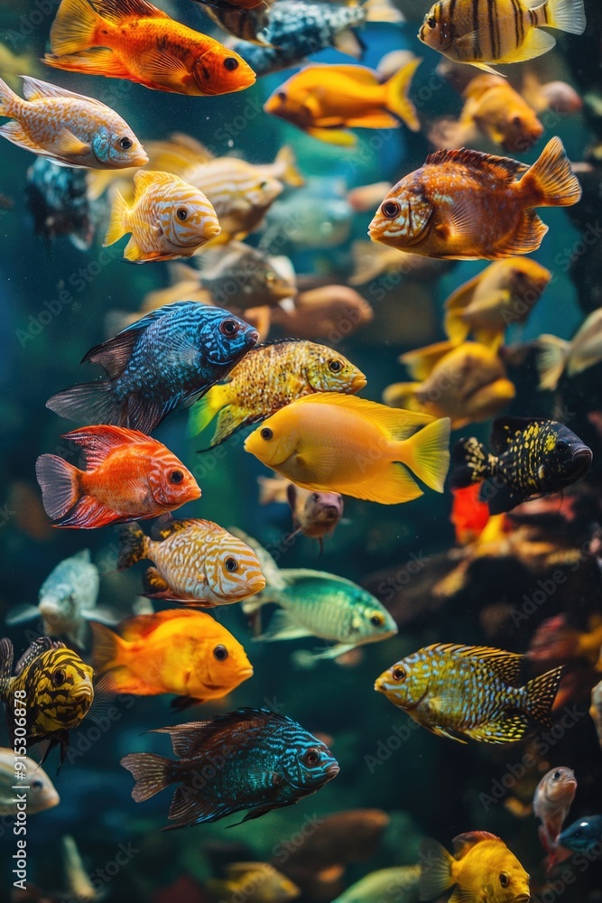 Fototapeta premium Group of fish swimming in aquarium