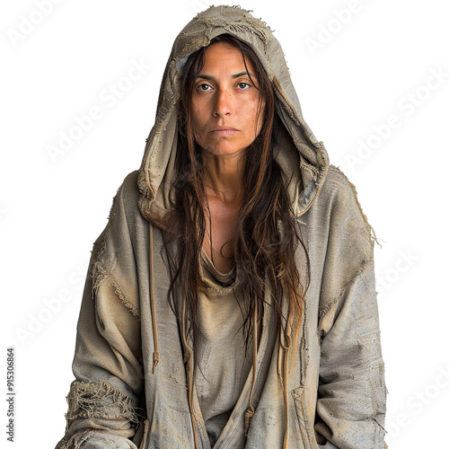 Front view mid body shot of a extremely ugly homeless Latin woman in dirty and torn hoodie & sweatpants looking very sad, isolated on a white transparent background photo