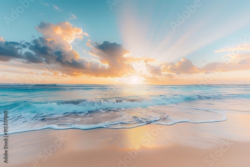 A tranquil beach at sunset, soft light rays breaking through colorful clouds, casting golden hues on gentle waves and pristine sand, creating a peaceful and rejuvenating mood