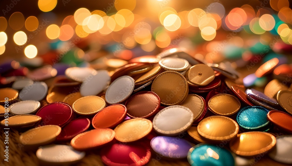 Colorful Metallic Seals with Festive Bokeh Background Colorful Metallic Seals with Festive Bokeh Background