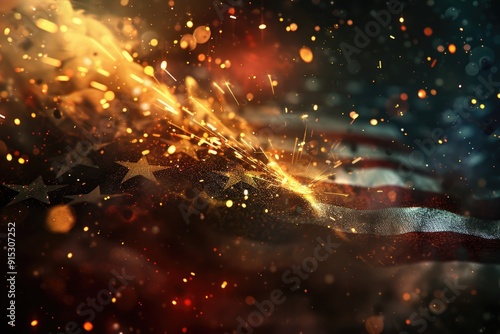 A close-up view of an American flag with sparks emanating from it, conveying energy and patriotism