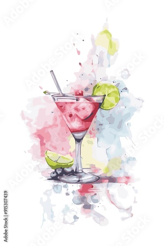 A refreshing cocktail with cherry, ice, and lime in a glass photo