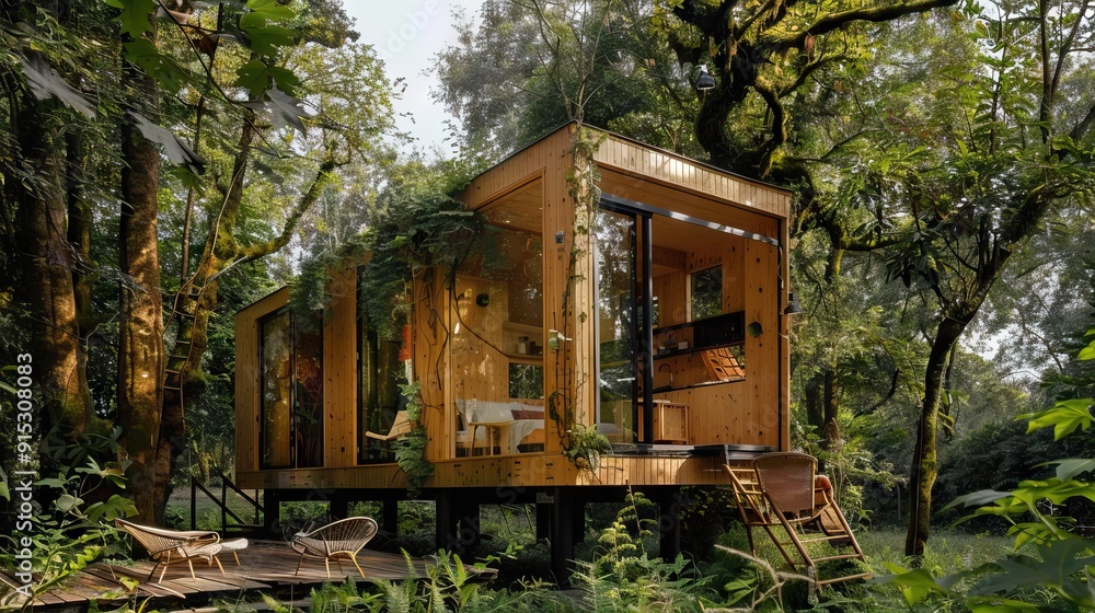 The single-storey wooden house in the woods. AI generated illustration