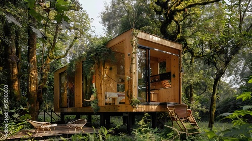 The single-storey wooden house in the woods. AI generated illustration