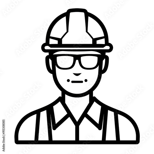 an icon of an engineer in black vector outline, simple design white background minimalistic style, front view, Generative AI