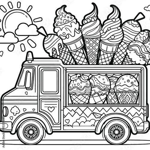 Ice cream truck with colorful designs coloring page outline vector