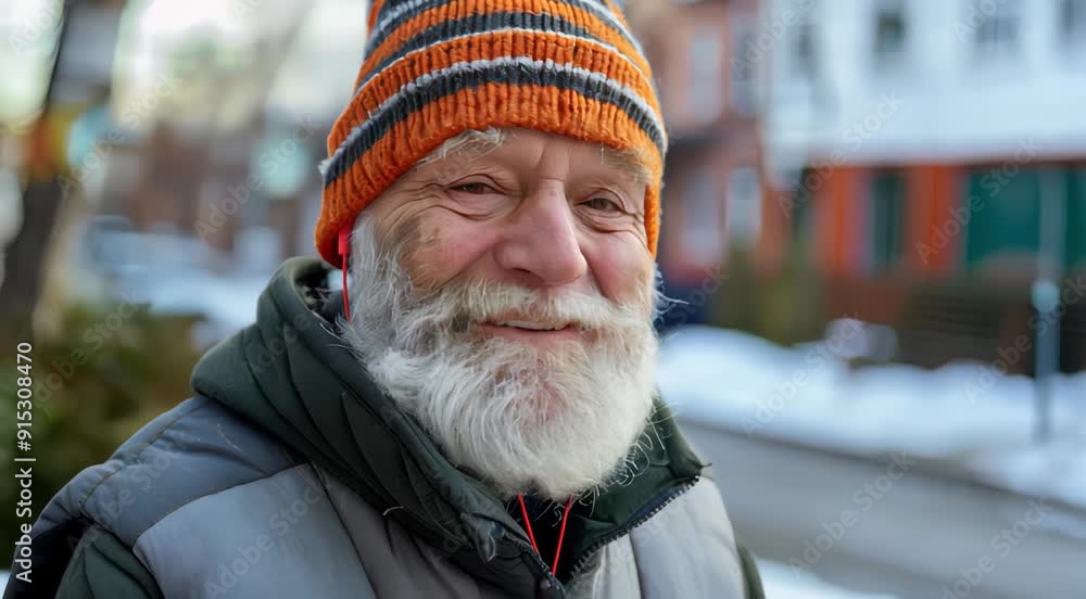 Smiling elderly homeless man with a white beard, wearing a knitted hat, standing outside in a snowy neighborhood. Smiling elderly homeless man with a white beard, wearing a knitted hat, standing outside in a snowy neighborhood.