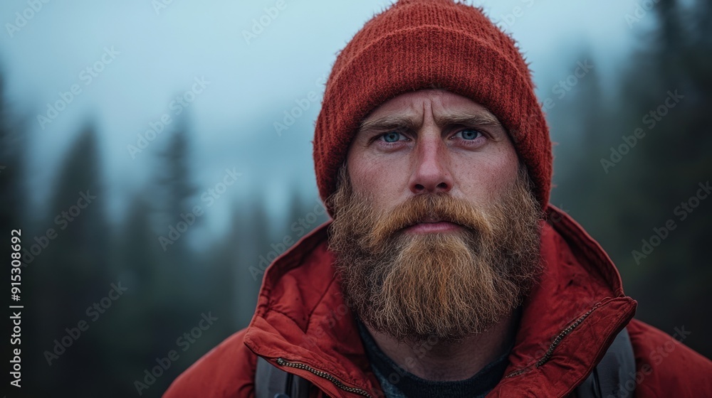 Portrait of a pensive bearded man in nature in the woods Portrait of a pensive bearded man in nature in the woods