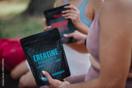 Bild auf Leinwand Close-up of women holding creatine monohydrate supplement packs during outdoor fitness session in park