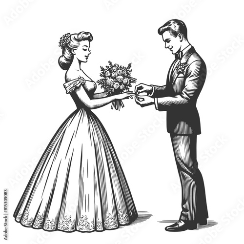 bride and groom exchanging rings, capturing a classic and romantic wedding moment sketch engraving generative ai fictional character vector illustration. Scratch board imitation. Black and white image