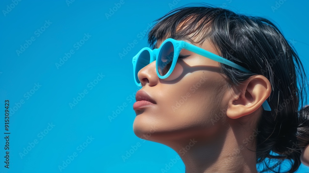 Side profile person with blue sunglasses on blue background Side profile person with blue sunglasses on blue background