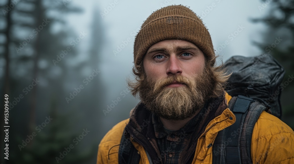 Portrait of a pensive bearded man in nature in the woods Portrait of a pensive bearded man in nature in the woods
