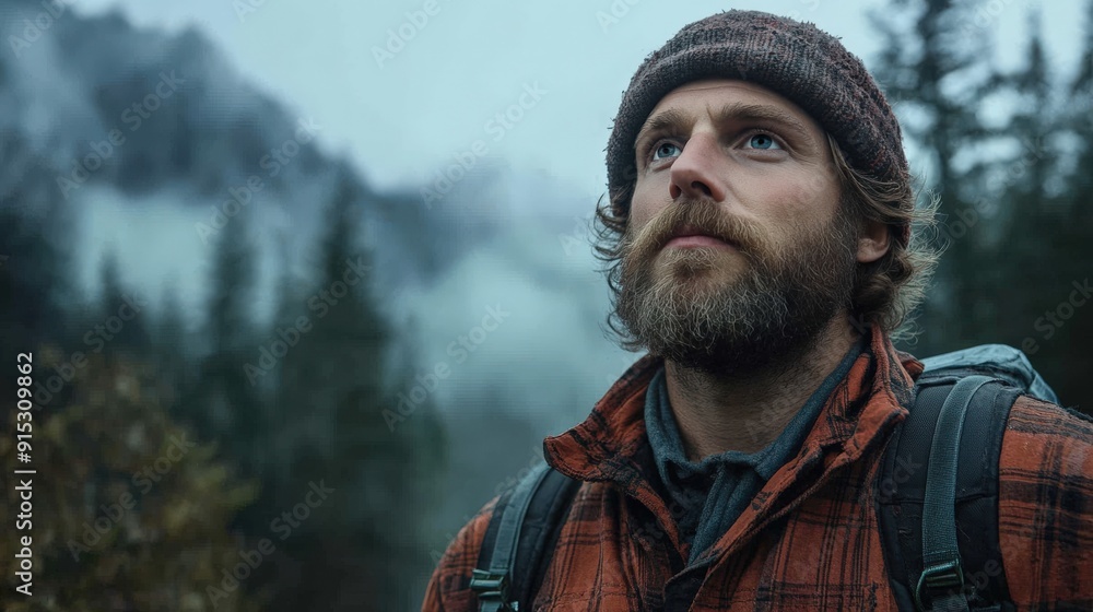 Portrait of a pensive bearded man in nature in the woods Portrait of a pensive bearded man in nature in the woods