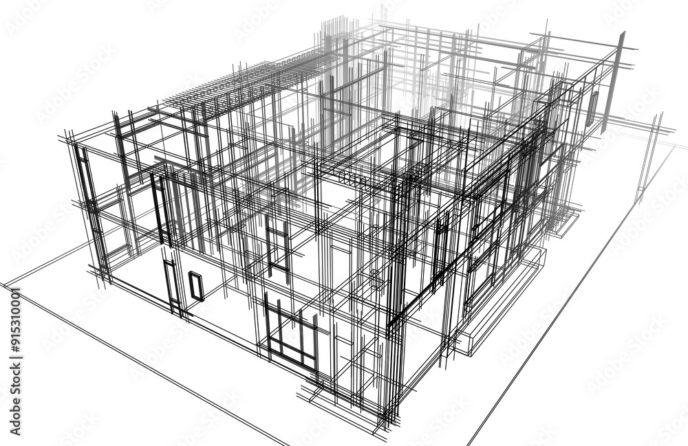 Architectural sketch of modern house building 3d rendering Architectural sketch of modern house building 3d rendering