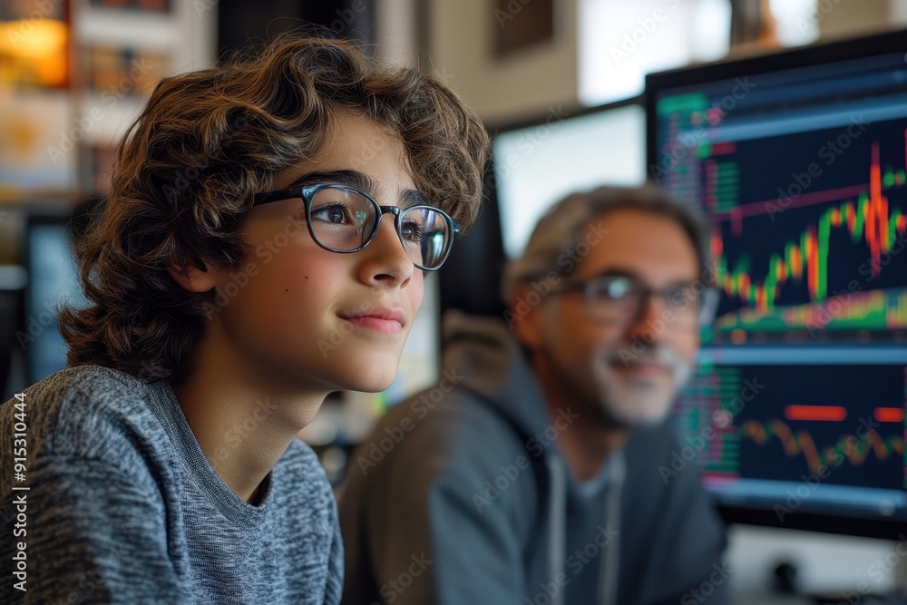 Teenager Learning Stock Market Basics with Experienced Investor in Profile View Teenager Learning Stock Market Basics with Experienced Investor in Profile View