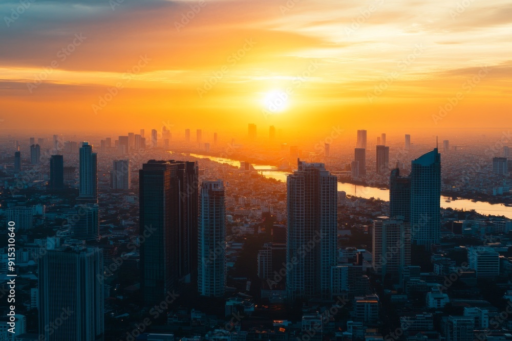Fototapeta premium Sunset Cityscape: The Warm Orange Glow Enveloping Skyscrapers and Urban Landscape Capturing the Quintessence of Urban Life and Evening Tranquility